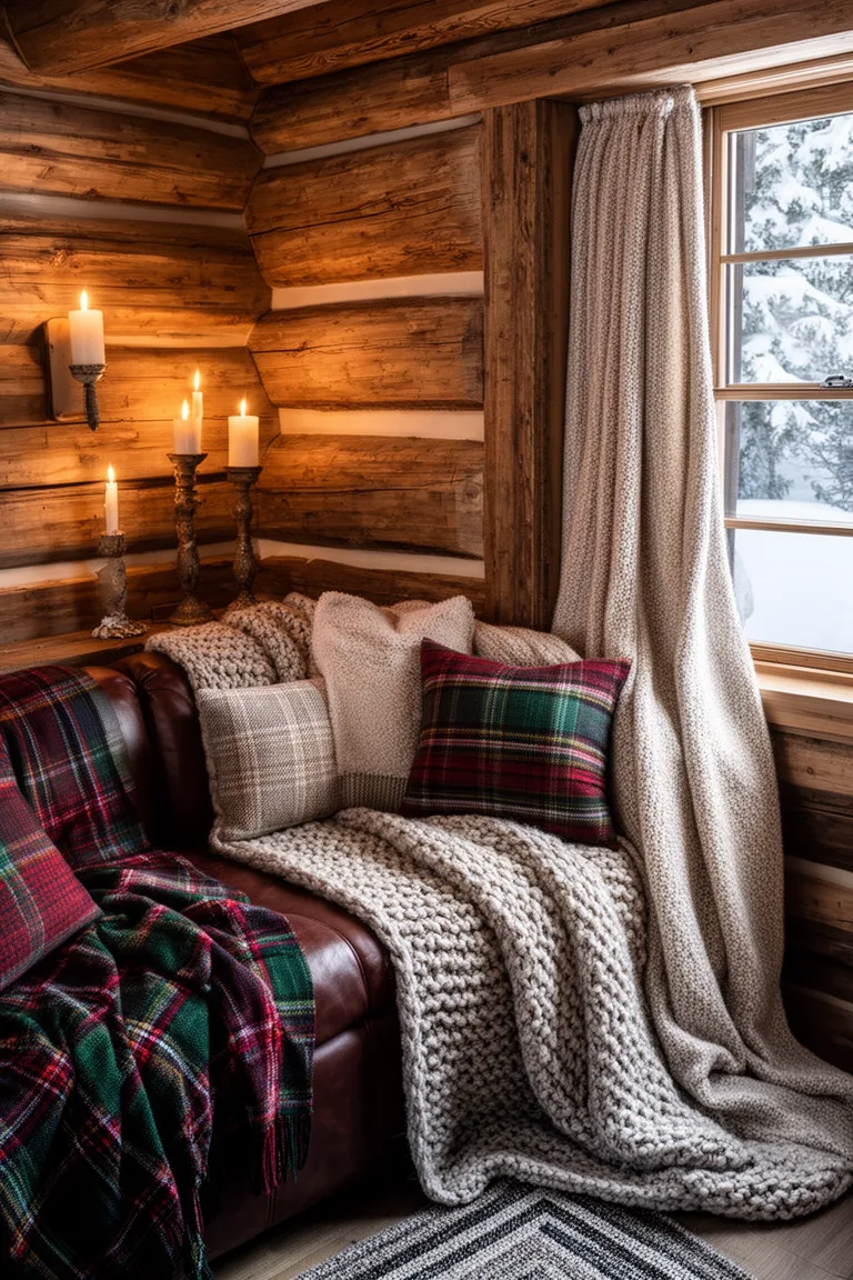 Layered seating corner with knit throws, leather and tweed cushions and a wool blanket