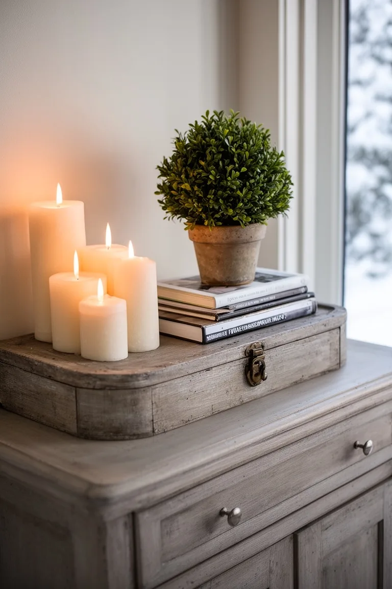 Console vignette with a candle cluster, lidded box, stacked books and a small boxwood