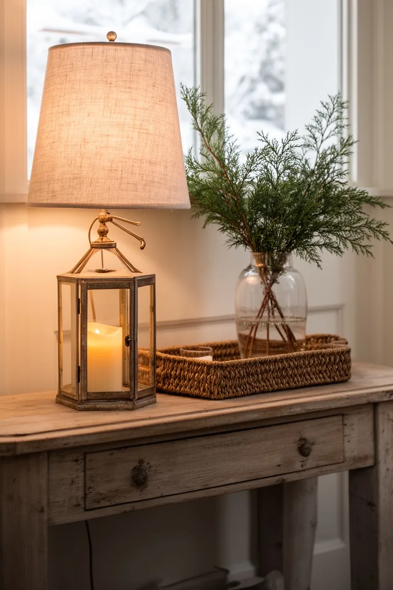 Warm-lit console with a linen-shade lamp, a lantern, a woven tray and juniper branches