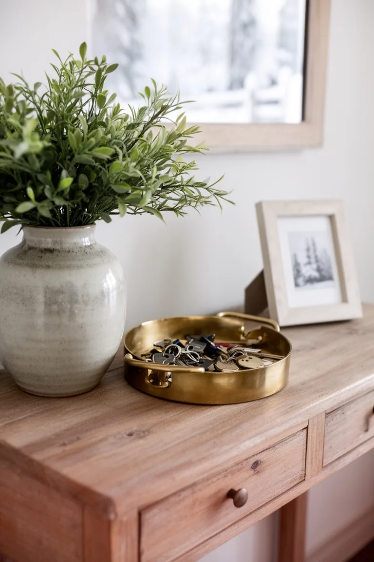 Console styled with greenery in a ceramic vase, a brass key tray and a framed print