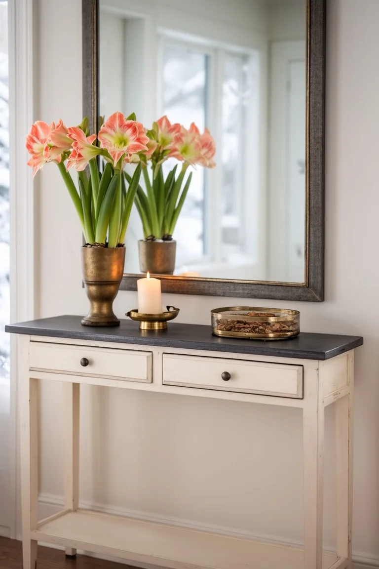 Layered console under a mirror with amaryllis, a candle and a catchall in creamy whites