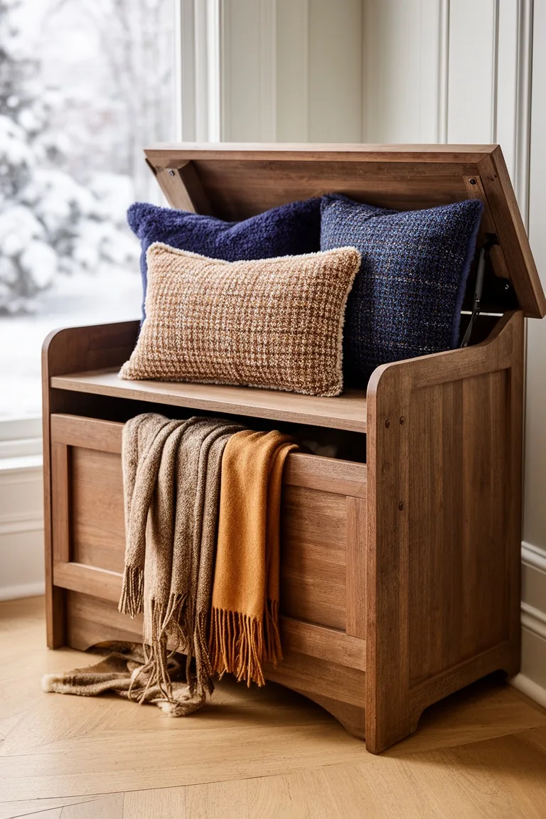 Wood entry bench with lift-top storage open to scarves and tweed cushions in camel and navy