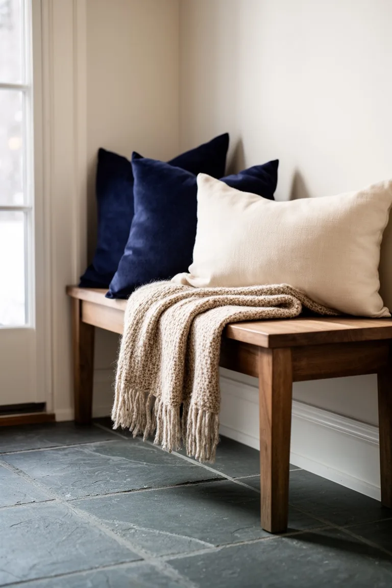 Entry bench with a wool throw, navy and cream pillows on a slate floor in soft light