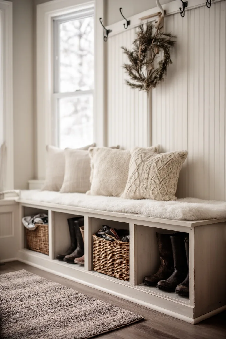 Mudroom-style bench with cubby storage, boot baskets and soft cushions on top