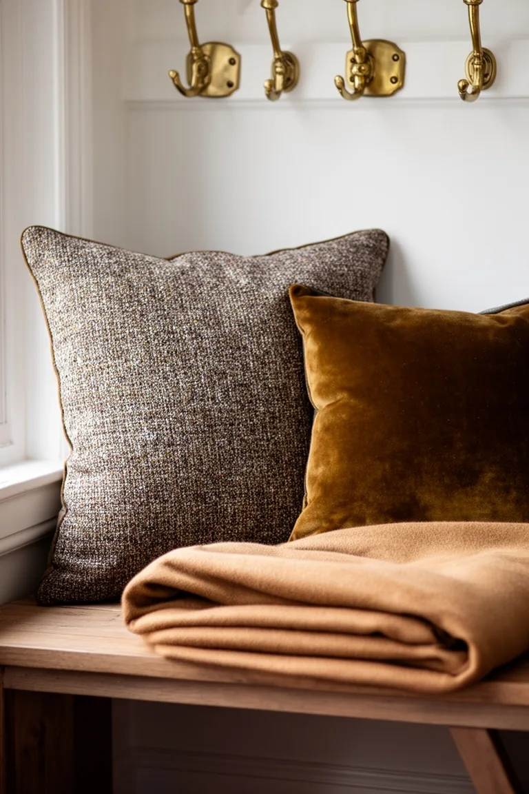 Velvet and tweed cushions on a wooden entry bench with brass hooks above