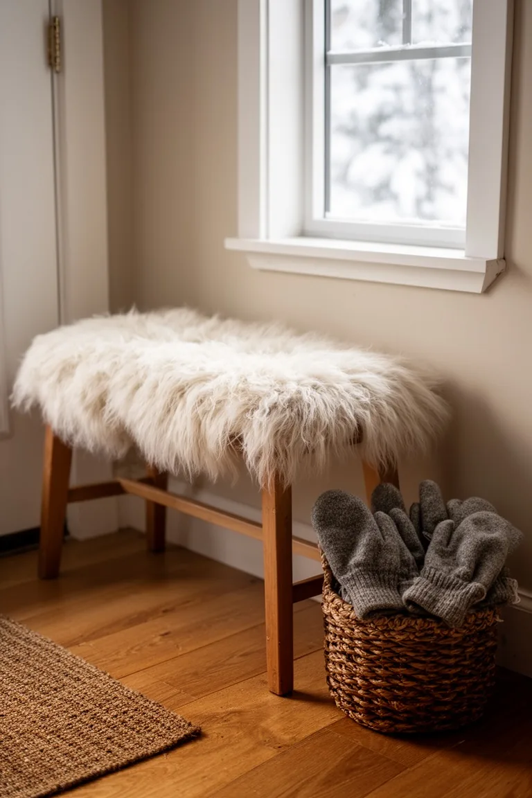 Compact entry bench with a sheepskin throw and a basket of mittens beside it