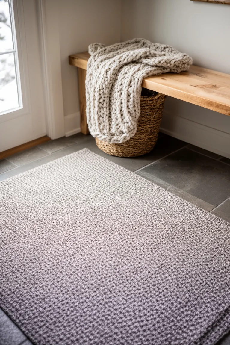 Low-pile rug layered under a wool runner with a woven basket and knit throw on a wood entry bench