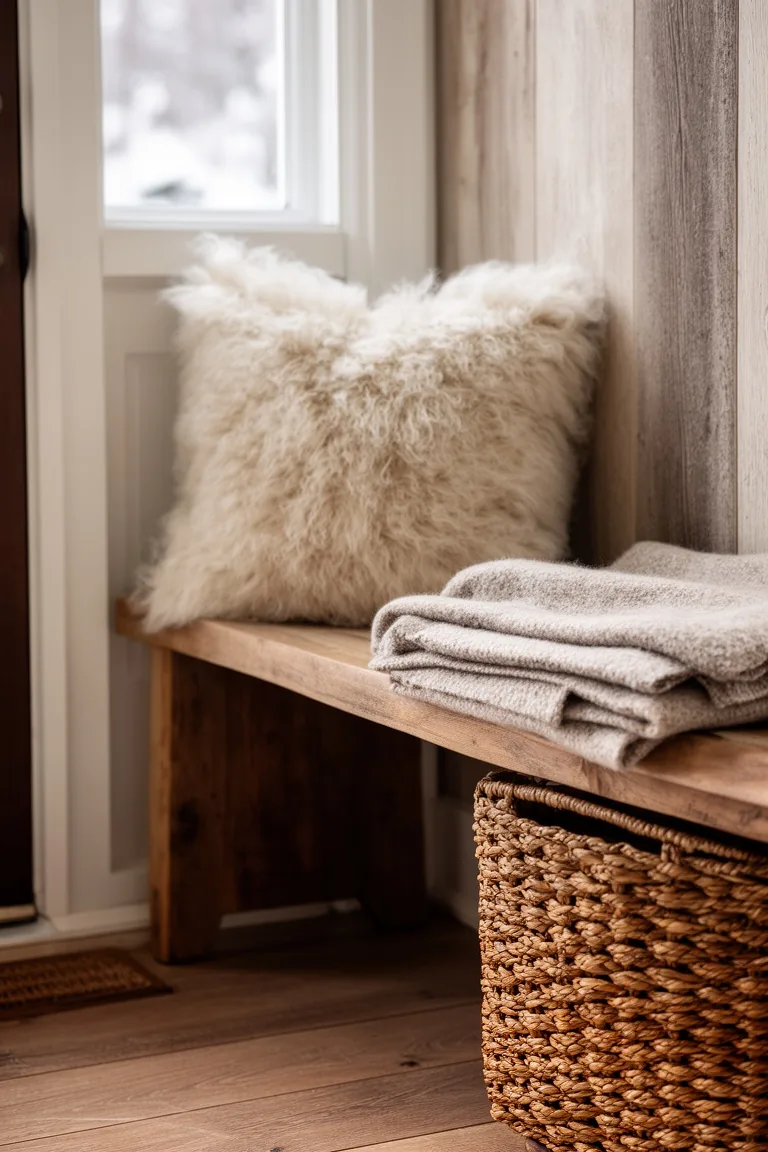 Fuzzy shearling pillow on a wood bench beside a folded wool throw and a seagrass basket