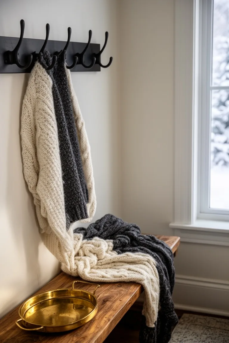Matte black wall hooks, a wood bench and a brass tray in a neutral entry corner