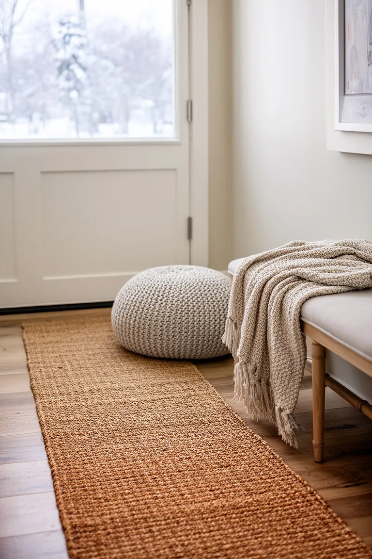 Jute runner over a flat mat with a knit pouf and textured throw in an entry hall