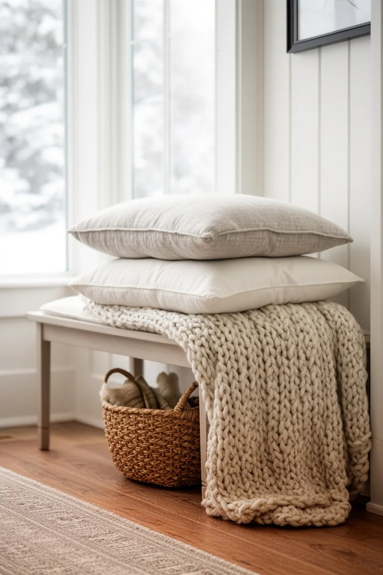 Stacked oatmeal cushions and a chunky knit blanket on a styled entry bench
