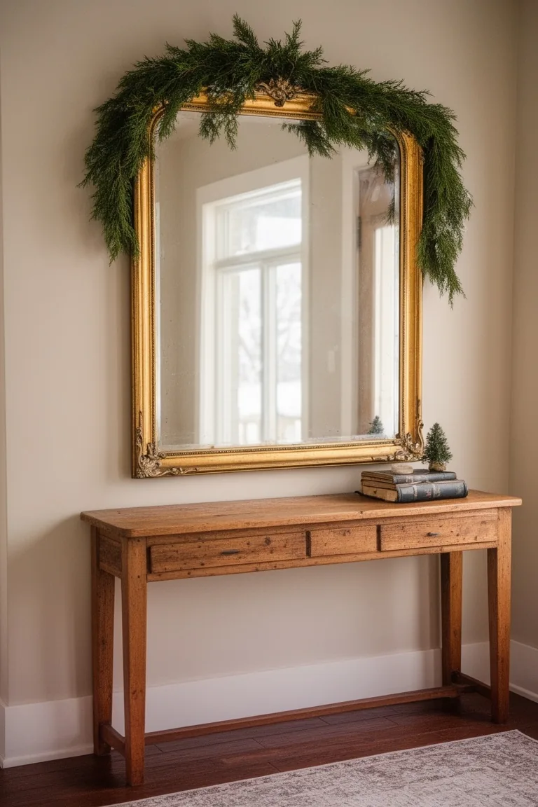 Oversized brass-framed entry mirror above a console with a green garland draped on top