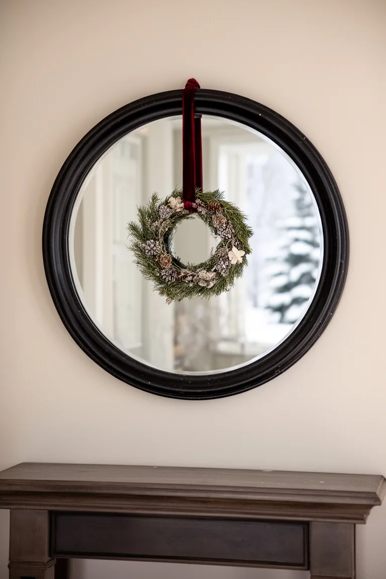 Round black-framed mirror with a small wreath on a velvet ribbon over a console table