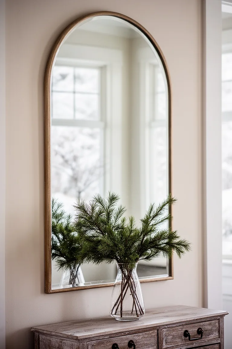 Tall arched entry mirror reflecting window light with evergreen branches on the console