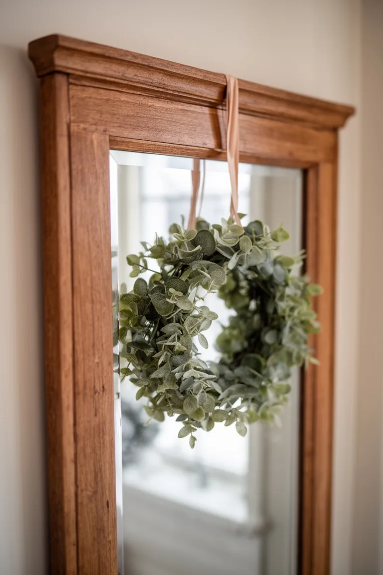 Warm wood framed mirror with a mini eucalyptus wreath on a ribbon in soft light