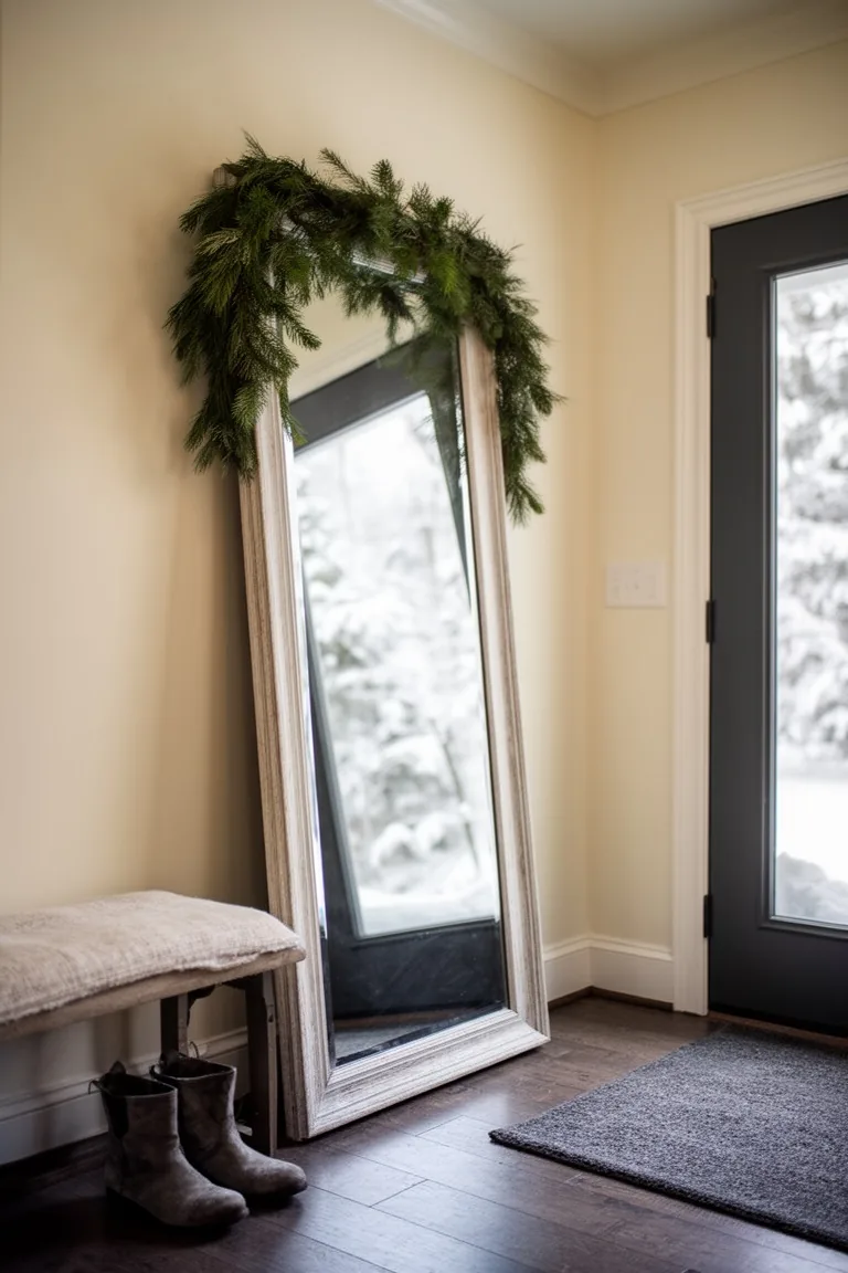 Leaning floor mirror in an entry hall bouncing daylight with a draped garland on top