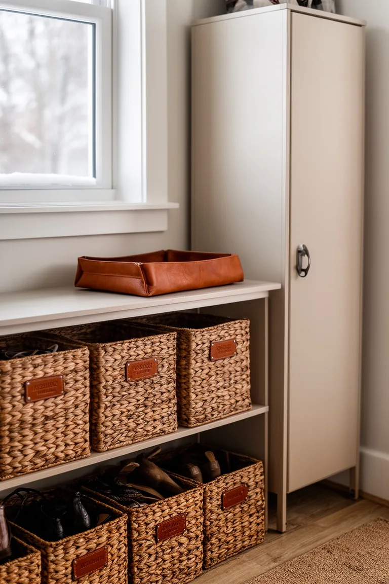 Row of woven baskets with leather labels on a lower shelf beside a slim shoe cabinet