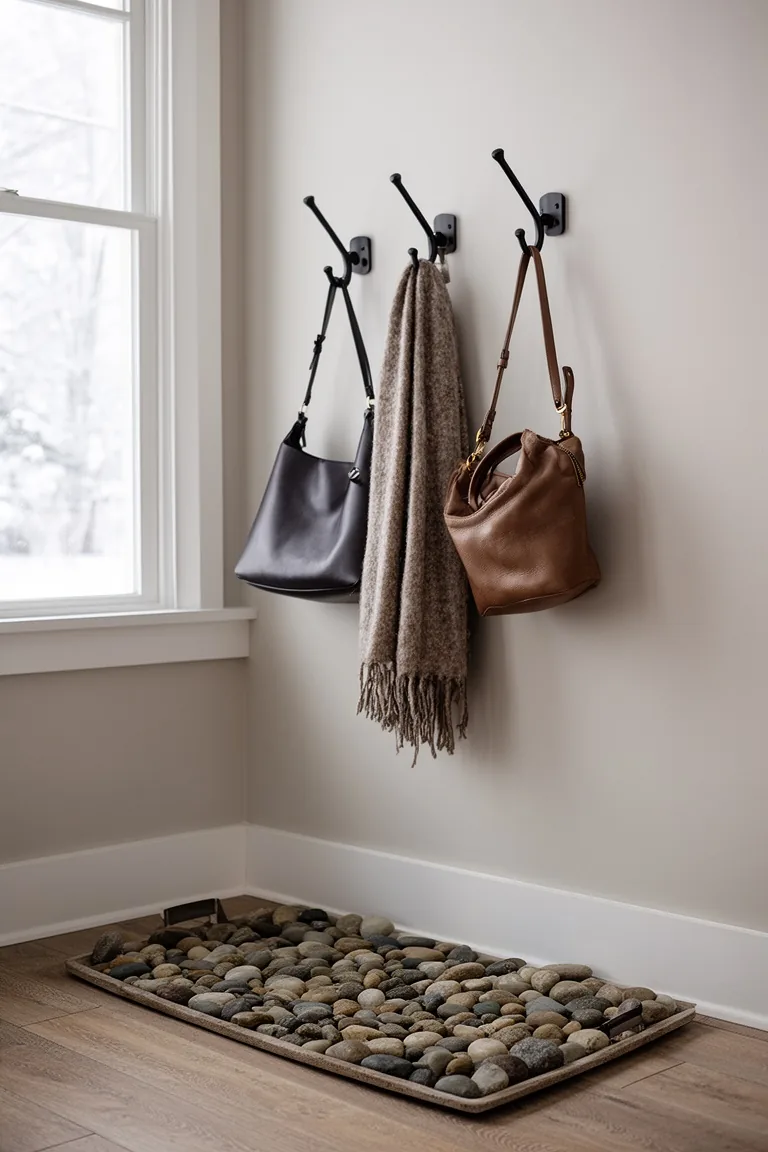Matte black coat hooks at different heights with a river-stone boot tray below