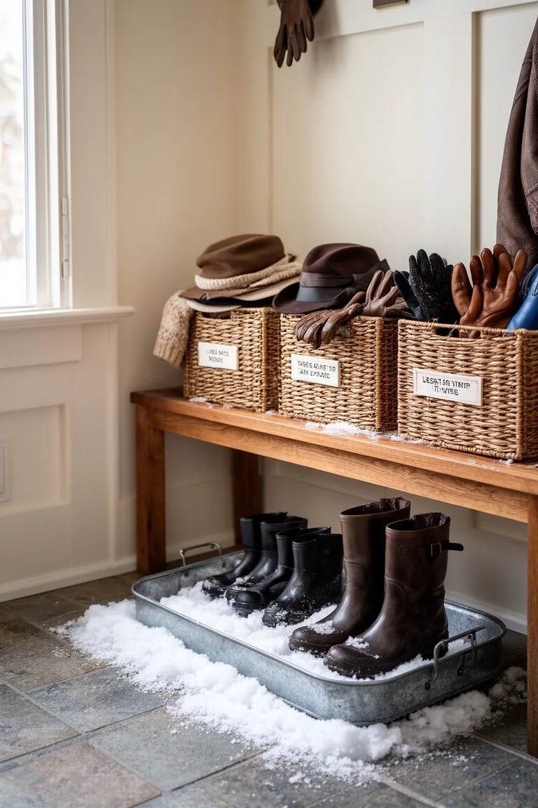 Tidy mudroom nook with labeled baskets for hats and gloves and a metal boot tray