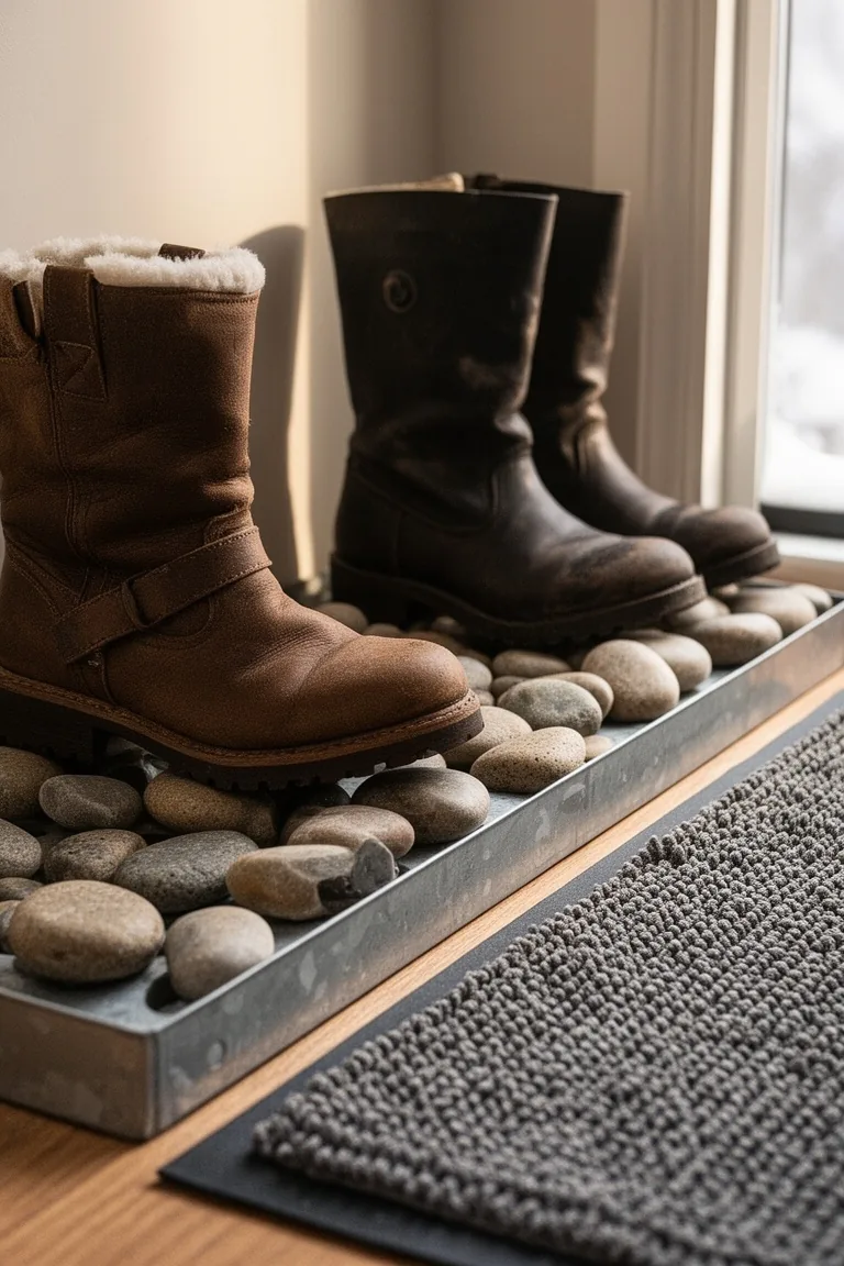 Metal boot tray with river stones holding winter boots beside a microfiber mat