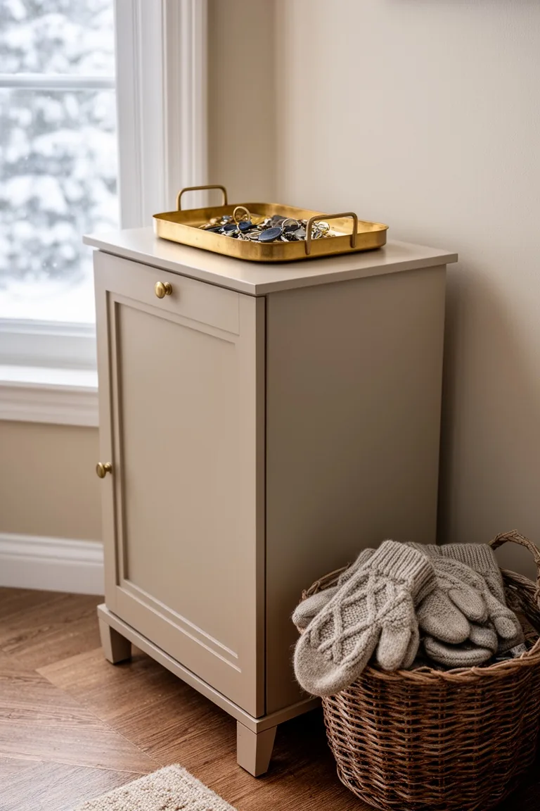 Closed shoe cabinet with a brass key tray on top and a basket of mittens