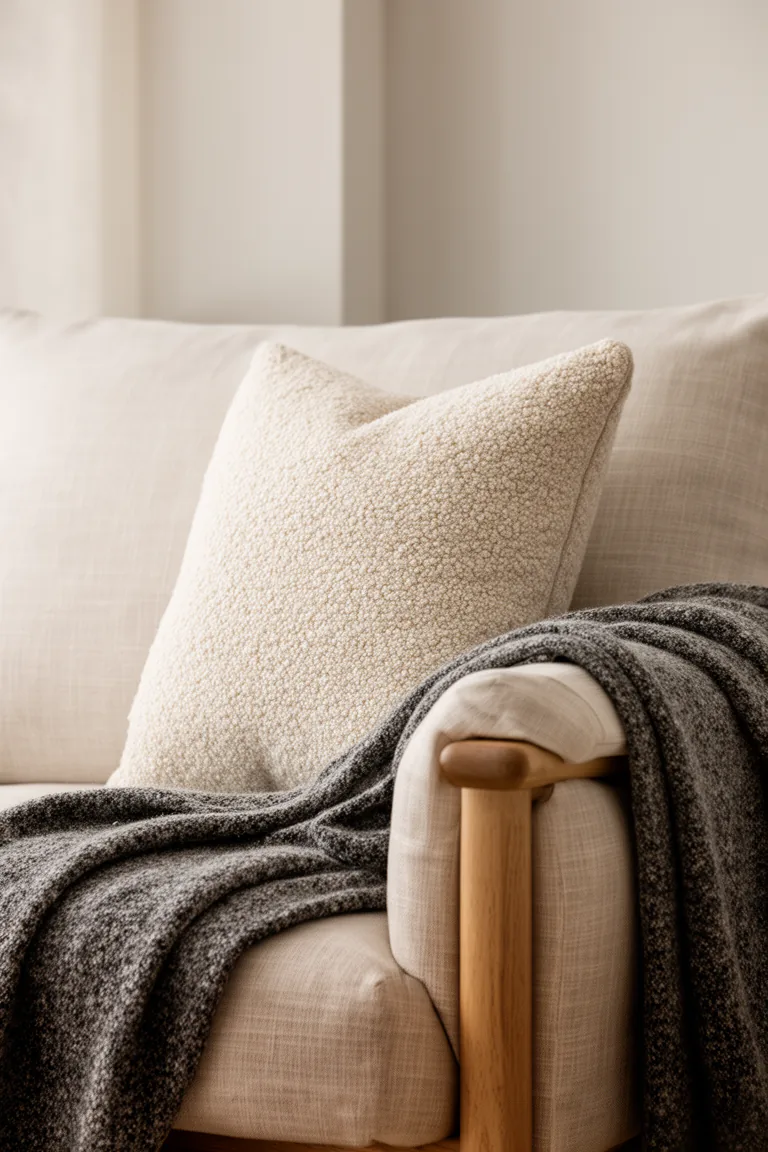 Cream boucle pillow and wool throw on a linen sofa in neutral tones