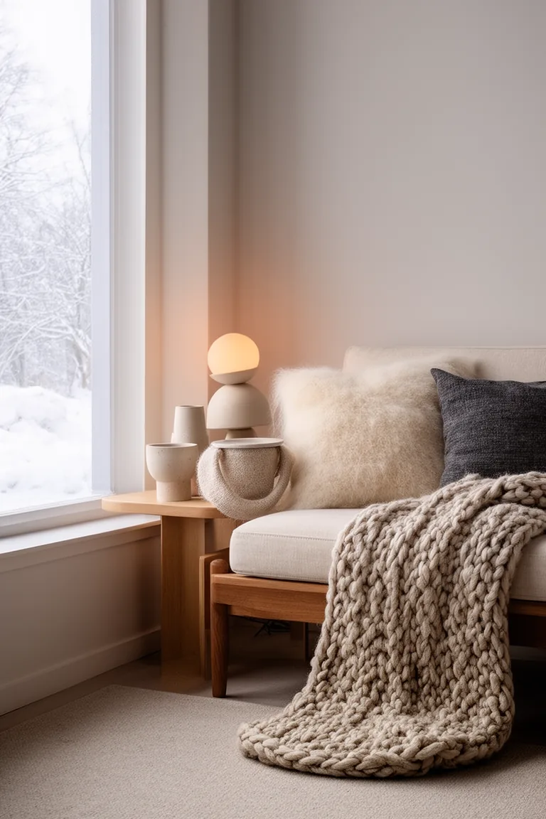 Layered chunky knit and mohair textures in a calm neutral corner