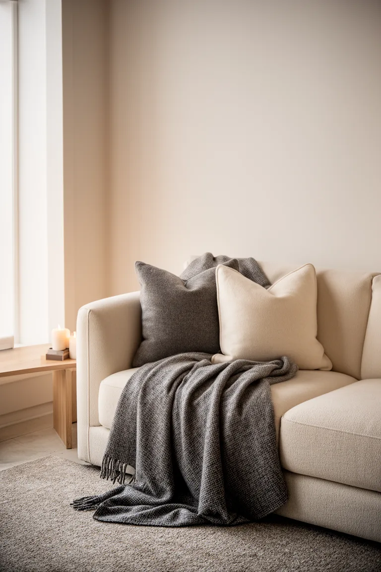 Soft gray and cream wool, cashmere and flannel layered on a sofa