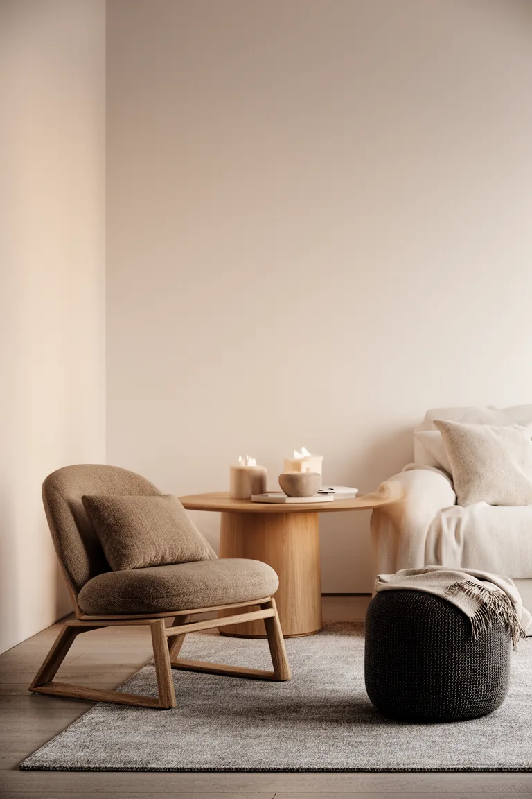 Texture-rich minimalist winter seating in soft neutral tones