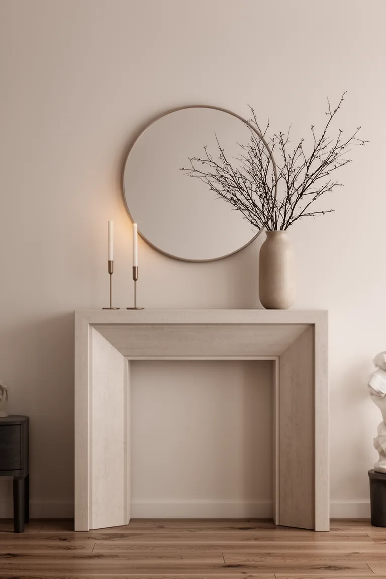 Minimal mantel with round mirror, candlesticks and winter branches