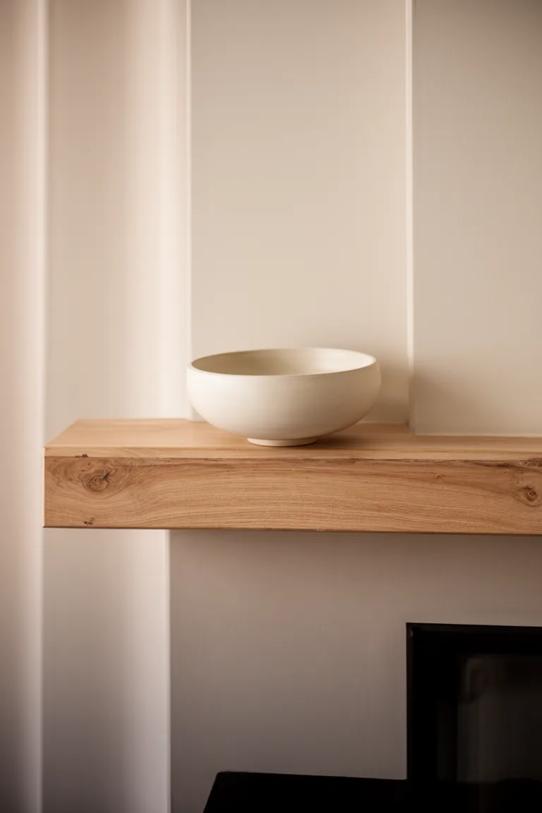 Curated minimal mantel with a pale ceramic bowl on wood