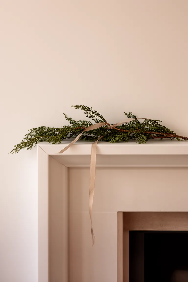 Simple single cedar strand draped across a minimal mantel