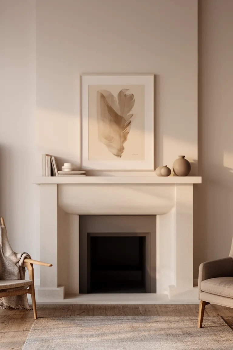 Balanced minimal mantel with art print and quiet objects