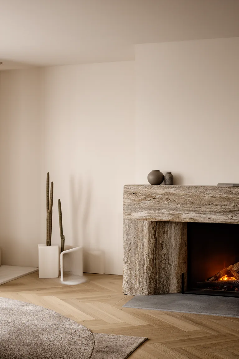 Uncluttered stone mantel styled with calm restraint