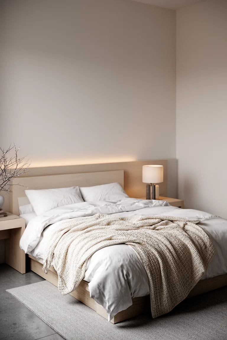 Monochrome winter bed with white duvet and ivory-taupe blanket