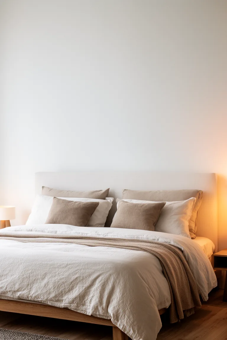 Serene monochrome bed with coordinating neutral pillows