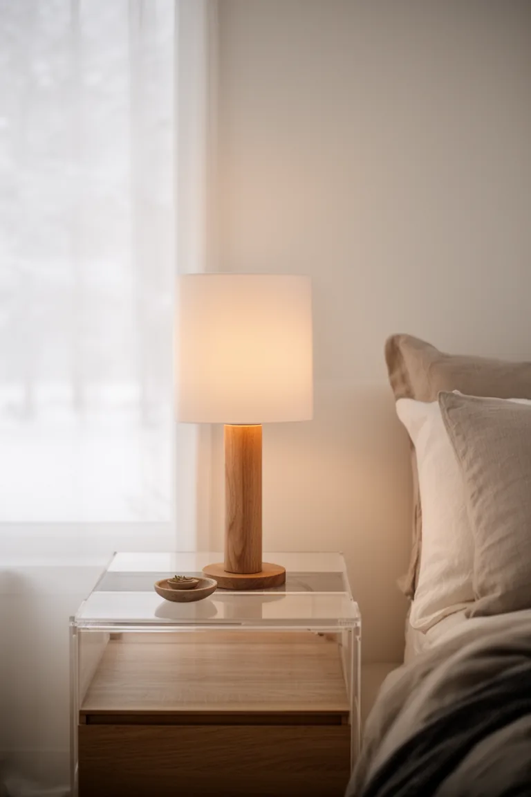 Calm minimal bedside with one wood lamp and a clear nightstand