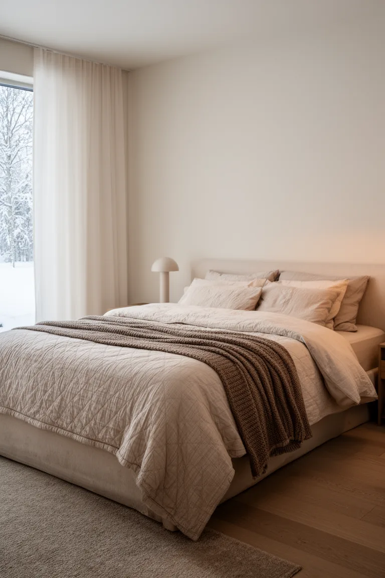 Tonal cream and taupe winter bedroom with layered quilt