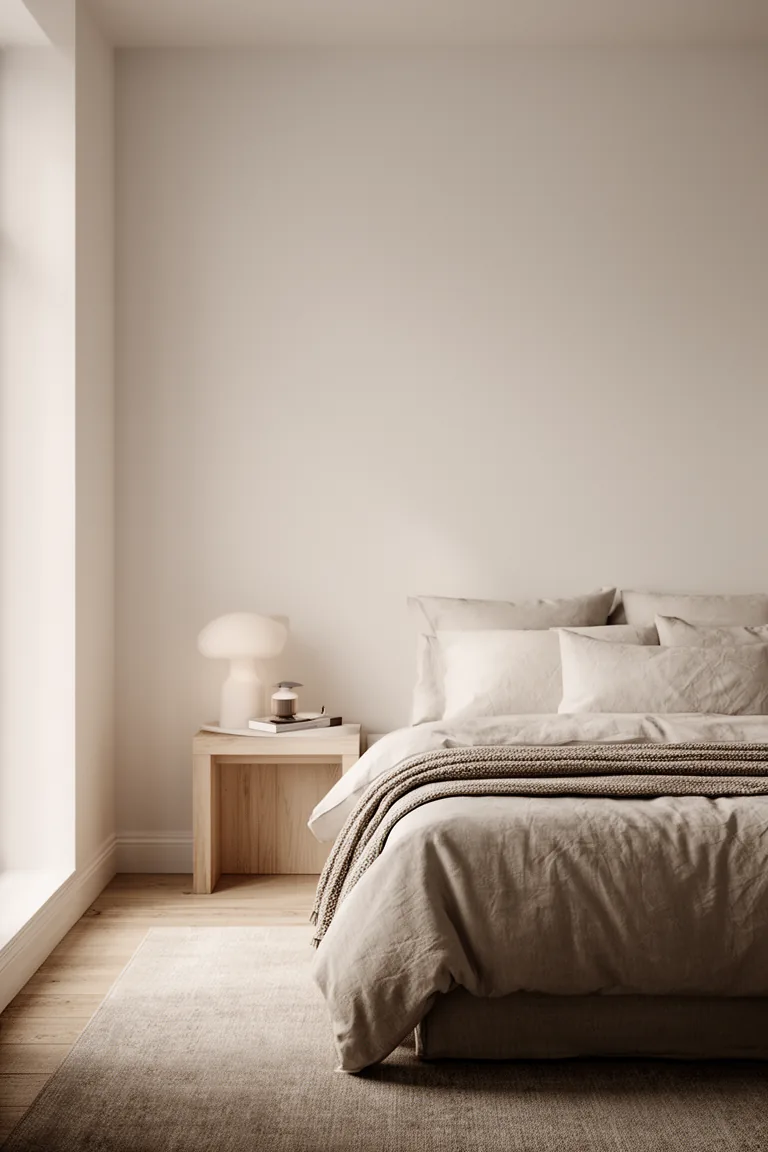 Peaceful monochrome bedroom in quiet uncluttered tones