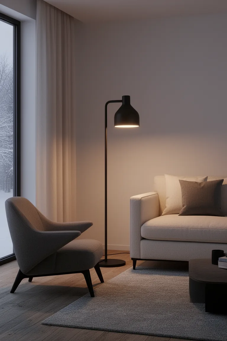 Warm soft-glow evening light from a matte black floor lamp
