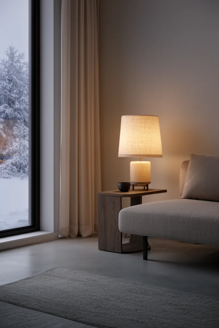 Linen-shade table lamp glowing warm in a minimal room