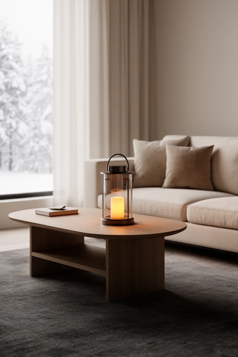 Single lantern with a battery candle on a calm coffee table