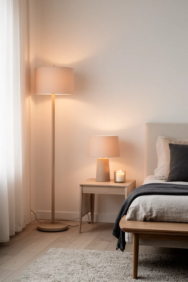 Layered warm lighting in a cozy uncluttered neutral space