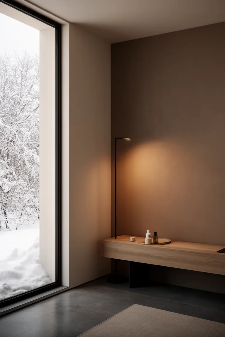 Moody warm winter lighting with minimal fixtures and soft shadows