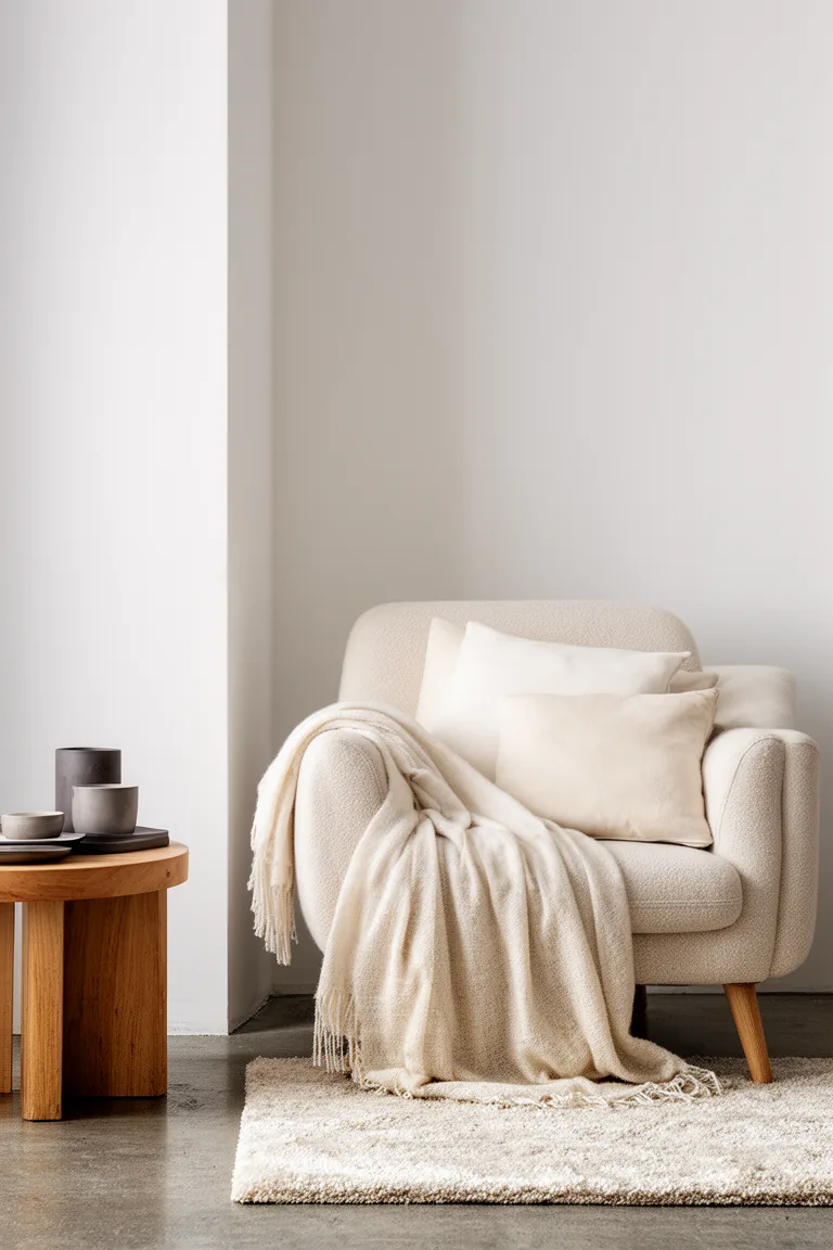 Layered winter whites with oatmeal armchair, ivory throw and cream pillows