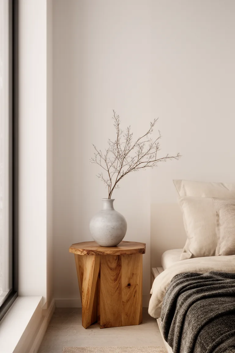 Pale gray ceramic vase on wood against warm white walls