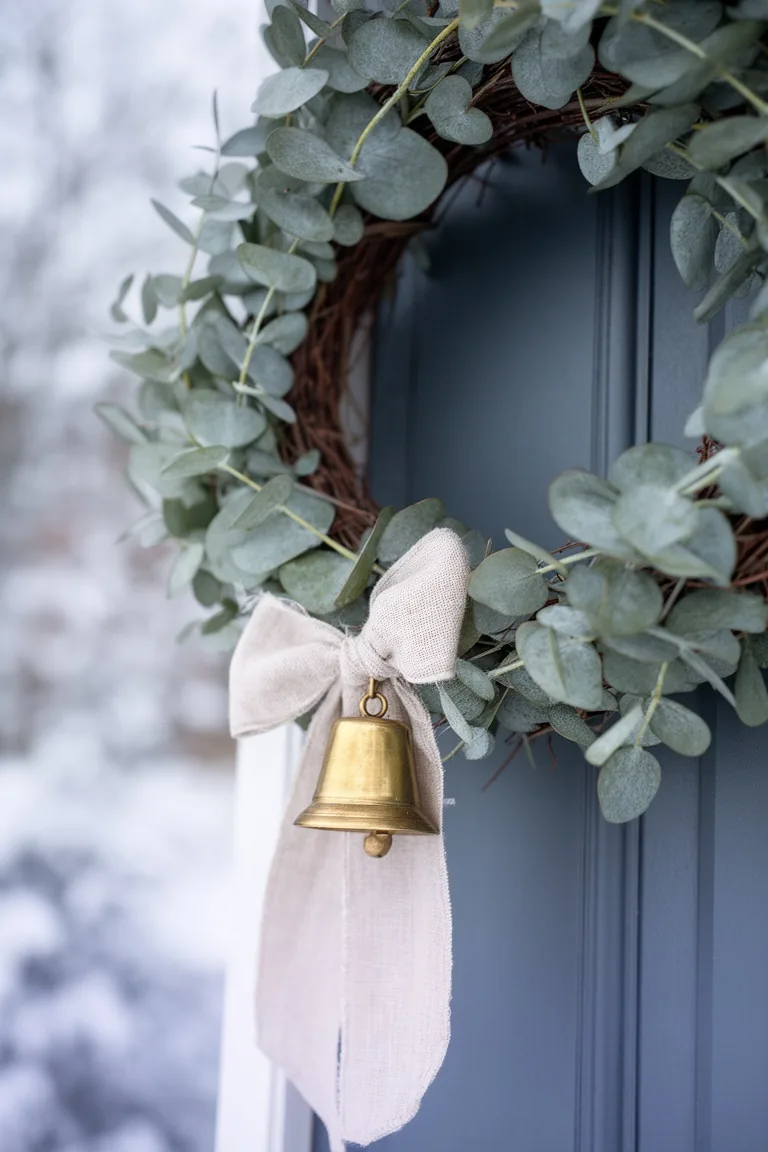 Close-up of eucalyptus with a linen ribbon tail and a small brass bell