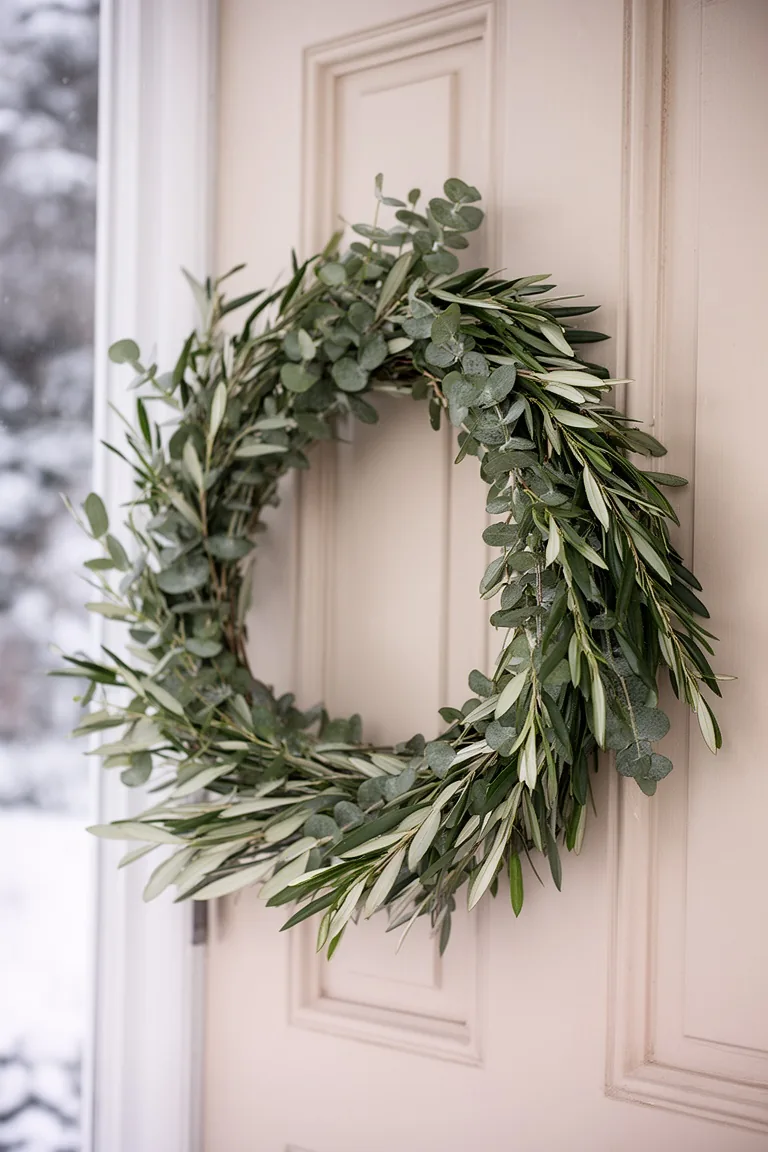 Fresh eucalyptus and olive wreath arcing across a pale front door