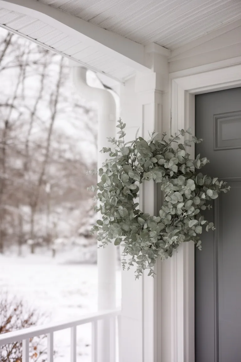 Minimal eucalyptus wreath drying on a covered porch in silvery green