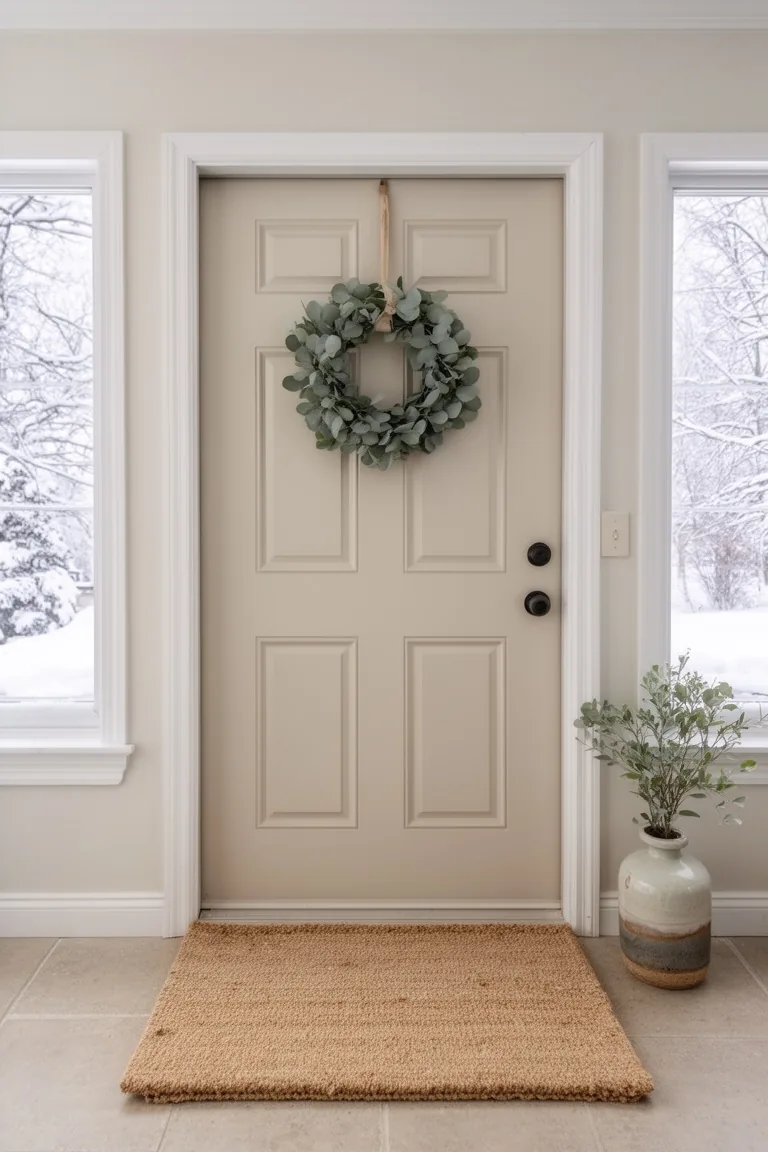 Calm neutral entryway with an airy eucalyptus wreath and linen mat